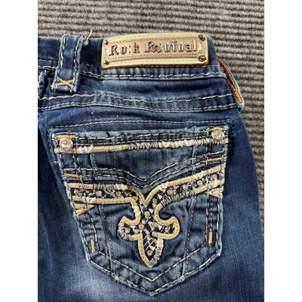 Rock Revival Boris Bootcut Jeans Womens 25 Blue Distressed Fleur De Lis